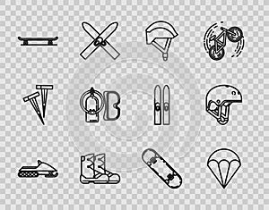 Set line Snowmobile, Parachute, Bicycle helmet, Boots, Skateboard, Diving mask and aqualung, trick and Helmet icon