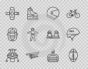 Set line Snowmobile, Rugby ball, Helmet, Hang glider, Knee pads, Bungee jumping, Ski lift and Bicycle helmet icon