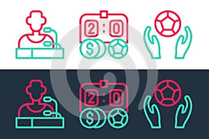 Set line Soccer football ball, Football player press conference and betting money icon. Vector