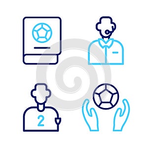 Set line Soccer football ball, Football or soccer player, commentator and learning book icon. Vector