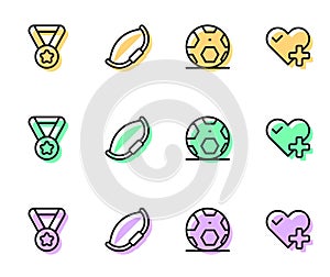 Set line Soccer football ball, Medal, Medieval bow and Heart rate icon. Vector