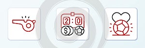 Set line Soccer football ball, Whistle and Football betting money icon. Vector