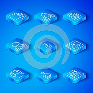 Set line Social network, Cloud technology data transfer, Data export, File document, Folder and lock and Server, Data