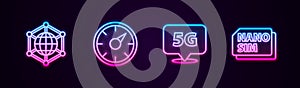 Set line Social network, Digital speed meter 5G, Location and Nano Sim Card. Glowing neon icon. Vector