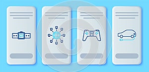 Set line Social network, Gamepad, Smartwatch and Electric car icon. Vector