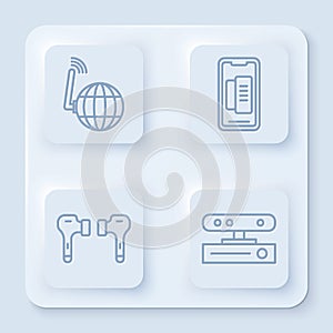 Set line Social network, Smartphone, mobile phone, Air headphones and Motion sensor. White square button. Vector