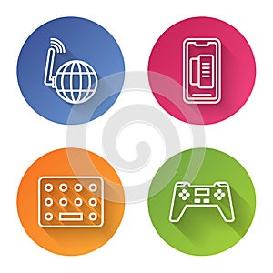 Set line Social network, Smartphone, mobile phone, Pills in blister pack and Gamepad. Color circle button. Vector