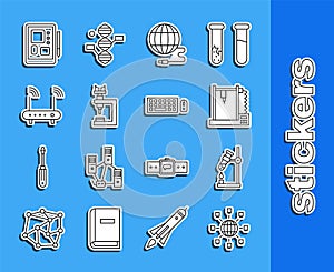 Set line Social network, Test tube flask on fire, 3D printer, Microscope, Router and wi-fi signal, Graphic tablet and