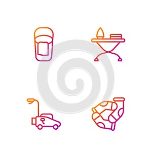 Set line Socks, Lawn mower, Bucket with rag and Iron and ironing board. Gradient color icons. Vector