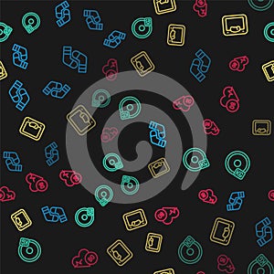 Set line Socks, Weight plate, Bathroom scales and Heart rate on seamless pattern. Vector