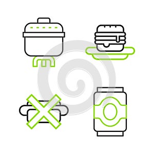 Set line Soda can, No junk food, Junk and Cooking pot icon. Vector