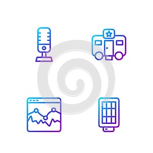 Set line Softbox light, Music wave equalizer, Microphone and Actor trailer. Gradient color icons. Vector