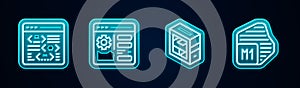 Set line Software, Browser setting, Computer and Processor. Glowing neon icon. Vector