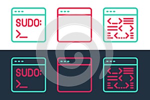 Set line Software, Code terminal and Browser window icon. Vector