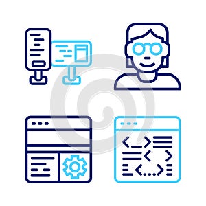 Set line Software, Debugging, Hacker or coder and Computer monitor screen icon. Vector