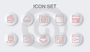 Set line Software, Hacker or coder, Server, Data, Web Hosting, Processor, development, and with microcircuits CPU icon