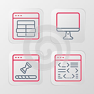 Set line Software, Loading data window, Computer monitor screen and MySQL code icon. Vector