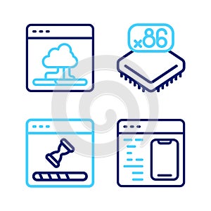 Set line Software, Loading data window, Processor with microcircuits CPU and Cloud technology transfer icon. Vector