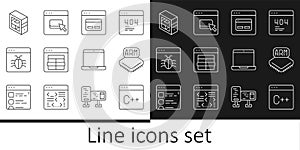 Set line Software, Processor, Search engine, MySQL code, System bug, Computer, Laptop and Browser files icon. Vector