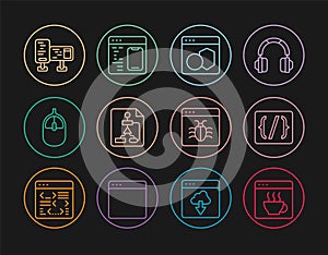 Set line Software, Programming language syntax, Flowchart, Computer mouse, monitor screen, System bug and icon. Vector
