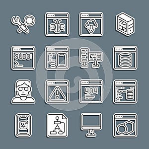 Set line Software, Server, Data, Web Hosting, Cloud technology data transfer, Code terminal, Debugging and Computer