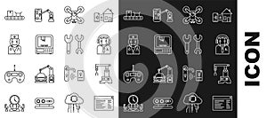 Set line Software, web developer programming code, Assembly line, Worker robot, Drone flying with action camera, 3D