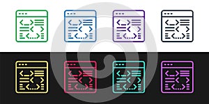 Set line Software, web developer programming code icon isolated on black and white background. Javascript computer