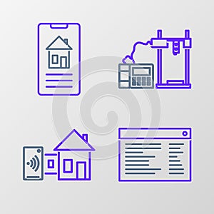 Set line Software, web developer programming code, Smart home, 3D printer and icon. Vector