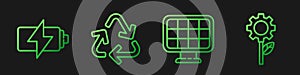 Set line Solar energy panel, Battery, Recycle symbol and Leaf plant in gear machine. Gradient color icons. Vector