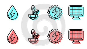 Set line Solar energy panel, Water energy, Earth globe and plant and Solar energy panel icon. Vector