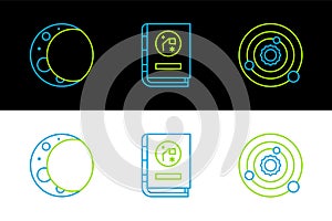 Set line Solar system, Moon and Book by astronomy icon. Vector