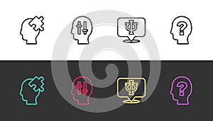 Set line Solution to the problem, , Psychology, Psi and Head with question mark on black and white. Vector