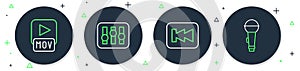 Set line Sound mixer controller, Rewind button, MOV file and Microphone icon. Vector