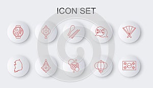 Set line South Korea flag, map, Food chopsticks, Korean lantern, Ramen, and won coin icon. Vector