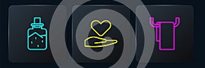 Set line Spa salt, Towel on hanger and Heart hand. Black square button. Vector