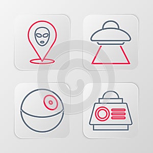 Set line Space capsule, Planet, UFO flying spaceship and Alien icon. Vector