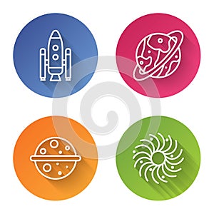 Set line Space shuttle and rockets, Space capsule and parachute, Planet Venus and Black hole. Color circle button