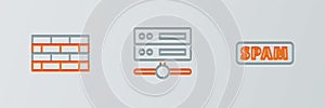 Set line Spam, Firewall, security wall and Server, Data, Web Hosting icon. Vector