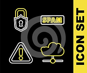 Set line Spam, Network cloud connection, Exclamation mark in triangle and Lock icon. Vector
