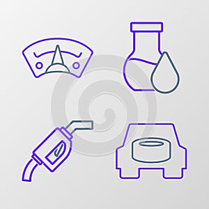Set line Spare wheel in the car, Gasoline pump nozzle, Oil petrol test tube and Motor gas gauge icon. Vector