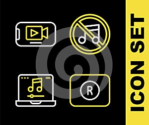 Set line Speaker mute, Record button, Laptop with music and Online play video icon. Vector