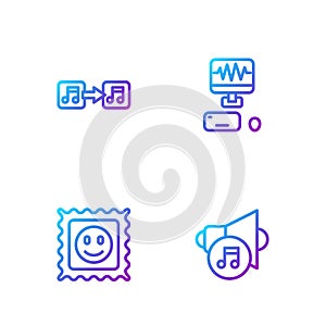 Set line Speaker volume, LSD acid mark, Music note, tone and recording studio. Gradient color icons. Vector