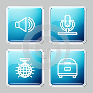 Set line Speaker volume, Microphone, Disco ball and Stereo speaker icon. Vector
