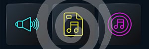 Set line Speaker volume, Music note, tone and MP3 file document. Black square button. Vector