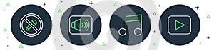 Set line Speaker volume, Music note, tone, Mute microphone and Play button icon. Vector