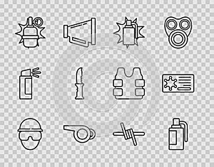 Set line Special forces soldier, Hand grenade, Whistle, Military knife, Barbed wire and Police badge icon. Vector