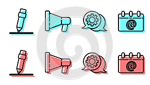Set line Speech bubble chat, Pencil with eraser, Megaphone and Calendar with email icon. Vector