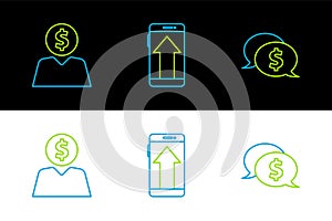 Set line Speech bubble with dollar, Business man planning mind and Smartphone, mobile phone icon. Vector