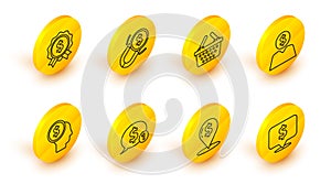 Set line Speech bubble with dollar, Cash location pin, Business man planning mind, Shopping basket, Magnet money and