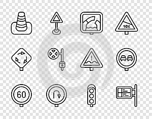 Set line Speed limit traffic, ublic transport board, Drawbridge ahead, Turn back road sign, Traffic cone, Stop with